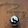 Double Side Glass Ball Time Gemstone Pendant Necklace Howling Wolf Moon Necklace Silver Bronze Chains Fashion Jewelry