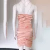 Rose mode femmes soirée Mini robe Sexy sans manches sans bretelles plis moulante automne femme vêtements 210527
