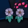 Fioletowy Zielony Kubiczny Cyrkonia Liść Kwiat Długie Duże Luksusowe Oświadczenie Drop Kolczyk Dla Kobiet Wedding Bridal Jewelry CZ2885 210714