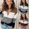 Pull à manches longues et boutons pour femme, décontracté, rayé, Patchwork, tricoté, élégant, ajouré, col en V, automne hiver