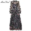 MoaaYina Fashion Designer dress Spring Women's Dress Lantern Sleeve Mesh Print Cascading Ruffle Vacation Ball Gown Dresses 210806