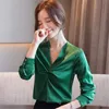 Koreańskie jedwabne kobiety bluzki kobieta satynowa koszula z długim rękawem topy plus rozmiar biurowy pani v szyi biały S 210531