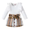 Kızın Elbiseleri Toddler Çocuk Kız 2 Parça Kıyafet, Uzun Kollu Örme Nervürlü Katı Renk Üstleri + Ilmek Düğmeleri Ekose Mini Etek Seti