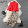 High Street Fashion Femmes À Manches Longues Paillettes Lâche Hoodies Top et Plaid Crayon Jupe Costume Ensemble Casual Bureau Lady Twinset 210601