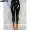 Svart wetlook push up leggings for women smal shinny höga midja leginer femme höst vinter faux läder s m l xl mujer pant 211117