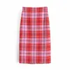 Za Vintage Plaid Midi Falda Mujeres Alta Cintura Primavera Faldas Rojas Mujer Moda Back Vent Side Zip Casual Faldas rectas 210602