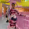 Dulzura tie dye stampa donna midi drlong manica lunga fessura aderente sexy elegante festa 2019 autunno inverno vestiti streetwear cena X0529