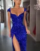 2021 Royal Blue Suknie Wieczorowe Klejnot Neck Zroszony Cekiną Koronki Z Długim Rękawem Syrenka Prom Sukienka Sweep Sweep Custom Illusion Rates de Soirée