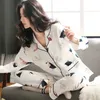 Kvinnor 100% Bomull Pyjamas Vinter Dormir Lounge Sleepwear Vit Stripe Pijama Mujer Bedroom Hem Kläder Pure Pajamas PJs 211112