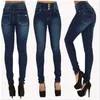 Kvinnor jeans ankomst denim penna byxor stretch hög midja knapp smal passform skinny elegant damer kläder 210629