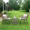 정원 세트 3 피스 파티오 위커 대화 비스트로 2 개의 의자 유리 탑 사이드 테이블 쿠션 Tan