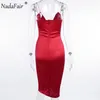 Nadafair Saten Elbise Yaz Seksi V Boyun Spagetti Kayışı Kulübü Giymek Ipek Midi Bodycon Parti Elbise Kırmızı Siyah Kadınlar T200707