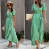 Sommer Maxi Kleid Frauen Polka Dot Sexy V-ausschnitt Rüschen Kurzarm Urlaub Lange Strand Sommerkleid Damen Lace Up Wrap party Kleider 210309