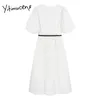 Yitimuceng Midi Dresses Women Summer Sashes High Waist Puff Sleeve A-Line Solid White Clothes Korean Fashion Sundress 210601