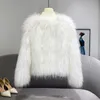 Women's Fur & Faux White Color Fashion Warm Women Sweater Natural Raccoon Jackets Long Sleeves O Neck Wool Cardigan Coats