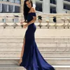 2021 Arabic Elegant Mermaid Evening Dresses Long Luxury Women Off Shoulder Sleeveless Dark Blue Prom Dress With Side Split Ball Gowns M124