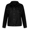 Frauen Schwarz Punk Jacken Mode Perlen Turndown Kragen Mantel Outwear Kurze Wasch Denim Lokomotive Wind Jacke 210918
