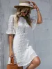 Swiss Dot Flounce Sleeve Guipure Lace Appliques Dress SHE