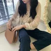 Werueruyu Blusa de encaje Blanco Vintage Cuello cuadrado Top Ropa de mujer Manga de hojaldre Camisa de manga larga S 210608