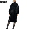 Nerazzurri Langer schwarzer, warmer, übergroßer, glänzender Lackleder-Trenchcoat für Damen, langärmlig, mit Reißverschluss, Herbstmode, Windjacke 210916