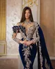 Silvester Luxus Samt Royal Blue Mermaid Abendkleider Perlen Lange Ärmel High Hals Geburtstagsfeier Prom Kleider mit Tuch