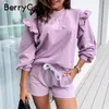 Berrygo 캐주얼 O 넥 여성 스웨터 숙녀 탑스 빈티지 프릴 퍼플 스웨터 긴 소매 가을 끌어 오기 Femme Tracksuit 201030