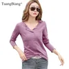 Algodão Casual Dois Bolsos V-Neck t Camisetas Mulheres Primavera Inverno de Manga Longa Café Roxo T Camisa Feminina Cor Sólida Tops 210722