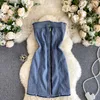 Sexy jeans dress women strapless mini party design removable long sleeve front zipper clubwear denim vestidos 210603