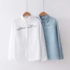 Forkha branco 100% algodão mulheres camisa letra letra floral bordado azul tops blusas manga comprida camisa de escritório feminino 210225