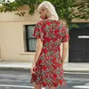 Мода Женское летнее платье V-образным вырезом с коротким рукавом Beach Red Mini Floral Flocks для леди Полиэстер Vestido Verano Одежда 210625