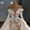2022 Arabische zeemeermin Trouwjurken Luxe Parels Kralen Lange Mouwen 3D Kant Geappliceerd Bruidsjurken Robe de Mariée