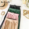 Beiyingni Корейский стиль плиссированная миди -юбка Женская повседневная мода высокая эластичная юбка талия Черным розовой элегантной юбкой пояс Saias 210311