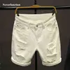 Zomer wit mannen gescheurd losse rechte jeans korte mode hiphop bermuda gaten mannelijke effen kleur casual strand denim shorts 210716