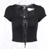 Laço Insgoth Bodycon Crop Tops Harajuku Gothic Hollow Out Bandage Manga Curta Manga Crop Tops Mulheres Casual Moda Verão Tops Y0629