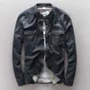 Homens de algodão denim jaqueta stand camisa de colarinho vintage lavagem escuro casaco fino moda clássico denim camisa decoração de bolso tops 210531