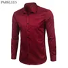 Märke vin röd bambu fiber mens klänning skjortor smal passform långärmad kemise homme casual knapp ner elastisk formell manlig skjorta 210626