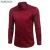 Marque Vin Rouge Fibre De Bambou Hommes Robe Chemises Slim Fit À Manches Longues Chemise Homme Casual Bouton Bas Élastique Formelle Mâle Chemise 210626