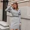 BeAvant Ruffle cold shoulder sweater dress elegant Long sleeve sexy winter dress women wine red bodycon autumn short dress 210709