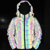 Abnehmbare Kapuze Reflektierende Jacke Lose Glühende Parka Winter Frauen Leuchtende Casual Mantel Gepolsterte Hoodies Warme Streetwear 211216