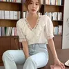 Elegant Lace V-neck Women Blouse Korean Chic Ruffle Patchwork Shirt Causal Puff Sleeve Summer Top Blusas 6H635 210603