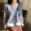 PEUT-ÊTRE U femmes pull tricoté à manches longues marron bleu Cardigans lâche col en V automne M0028 210529