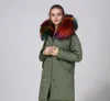 Damska Rainbow Color Fox Furs Bladder Długie Parki Z Kapturem Z Kołnierz Raccoon Snow Winter for Canada US UK