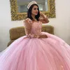 2022 الوردي بريق Quinceanera فساتين السهرة طويلة الأكمام 3d زهرة الحلو 16 اللباس الأميرة كريستال فساتين quinceanera wjy591