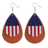 Ny tryckta flagga Teardrop Layered PU Läder Örhängen Amerikanska Independence Day Glitter Striped Drop Earrings Q0709