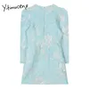 Yitimuceng Drukuj Mini Hafty Damskie Dress A-Line Spring Vintage Odzież V-Neck Długi Rękaw Office Lady 210601
