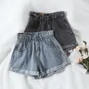 Summer High Waist Denim Shorts Women Casual Loose Ladies Fashion Roll Up Hem Elastic Waist Pocket Blue Gray Jeans Female