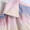 Zevity Femmes Vintage Couleur Match Tie Dyed Impression Chemisier Court Femme Poche Patch Kimono Chemise Roupas Chic Chemise Tops LS9141 210603