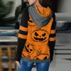 Halloween Hoodies Kvinnor Ytterkläder Höst Vinter Långärmad Pumpa Tryck Färg Kontrast Patchwork Hood Sweatshirt 210526