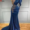 Abiti da sera formali a sirena in raso blu navy con abiti da cerimonia eleganti monospalla in rilievo con pizzo dorato 5s4