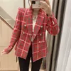 Za Plaid Blazer rojo de doble botonadura Mujer manga larga suelta Vintage Check Blazers Abrigo Mujer Chic Otoño Invierno Outwear Top 210602